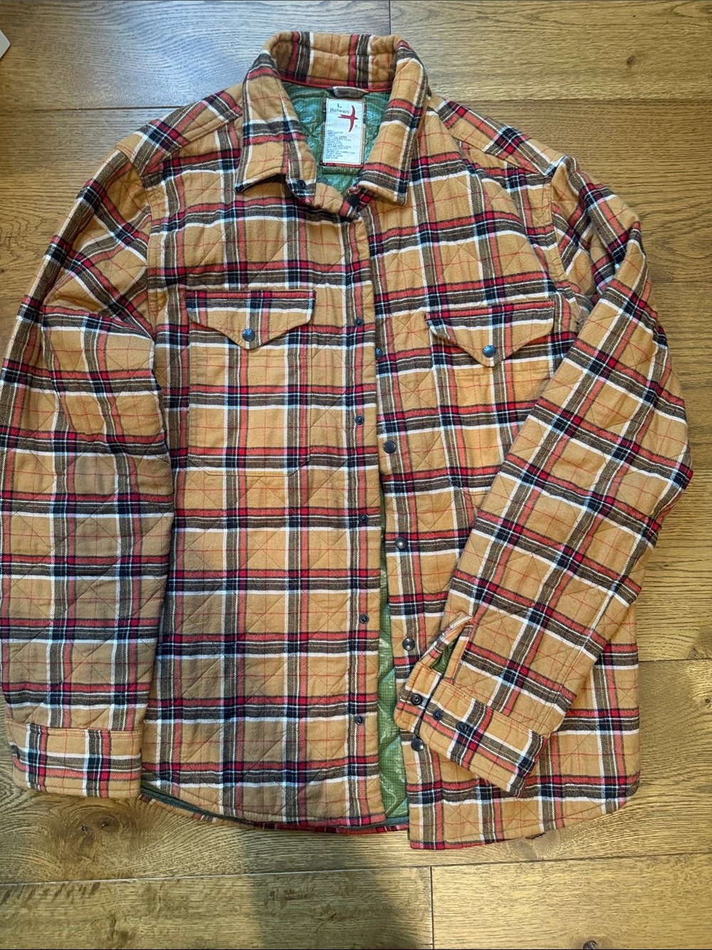 Relwen Plaid Quilted Shirt Jacket in Tan and Red - shacket size L wheat